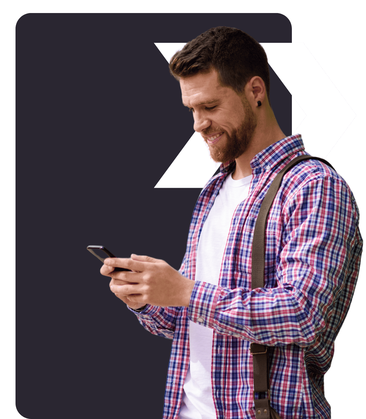 Man smiling and looking at mobile phone with Better Broker Co coloured background