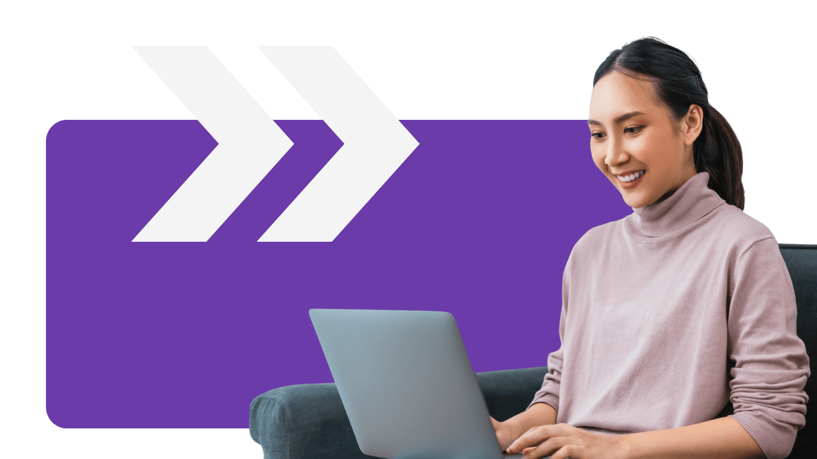 Woman working on laptop with Better Broker Co branded background