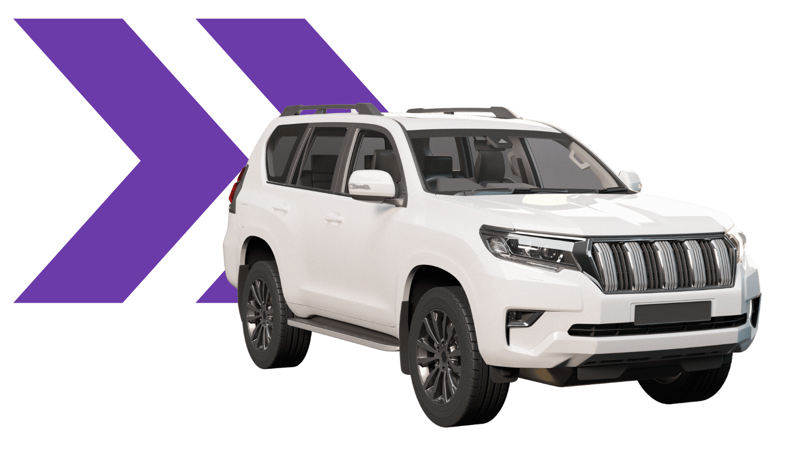 White four wheel drive car with Better Broker Co branded background