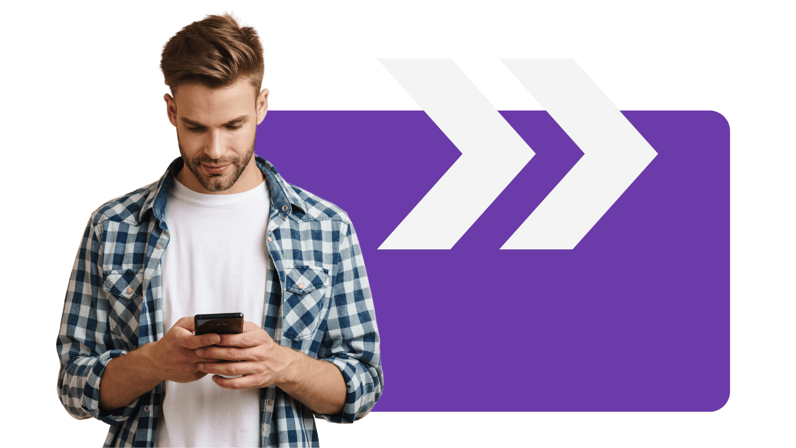 Man looking down at phone with Better Broker Co branded background
