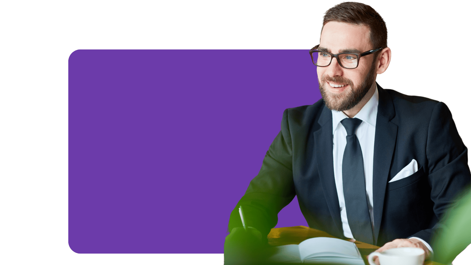 Man in suit sitting at a desk with Better Broker Co branded background